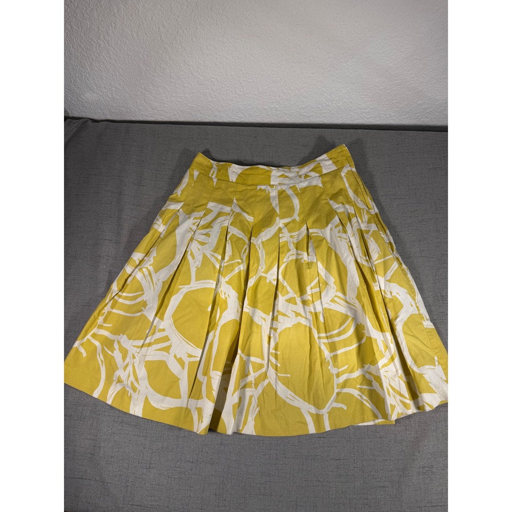 H&M Yellow White Abstract Print Pleated A-Line Skirt Side Zip Size 6